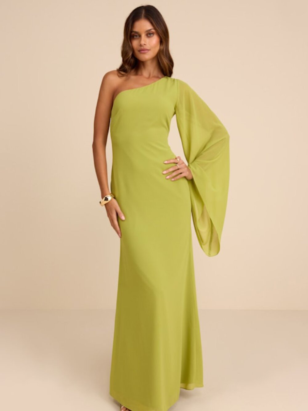 Lulus Elizabeth Lime Green One-shoulder Bell Sleeve Maxi Dress - Size S
